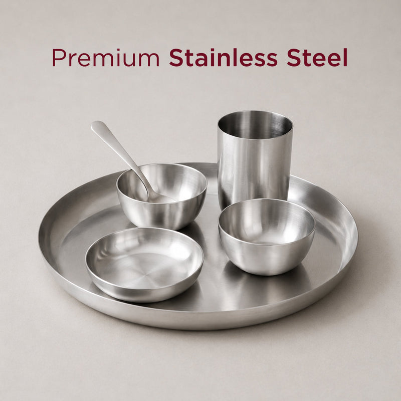 36-Piece Stainless Steel Solid Dinner Set • Matte Finish • Serves 6 (स्टील का डिनर सेट)