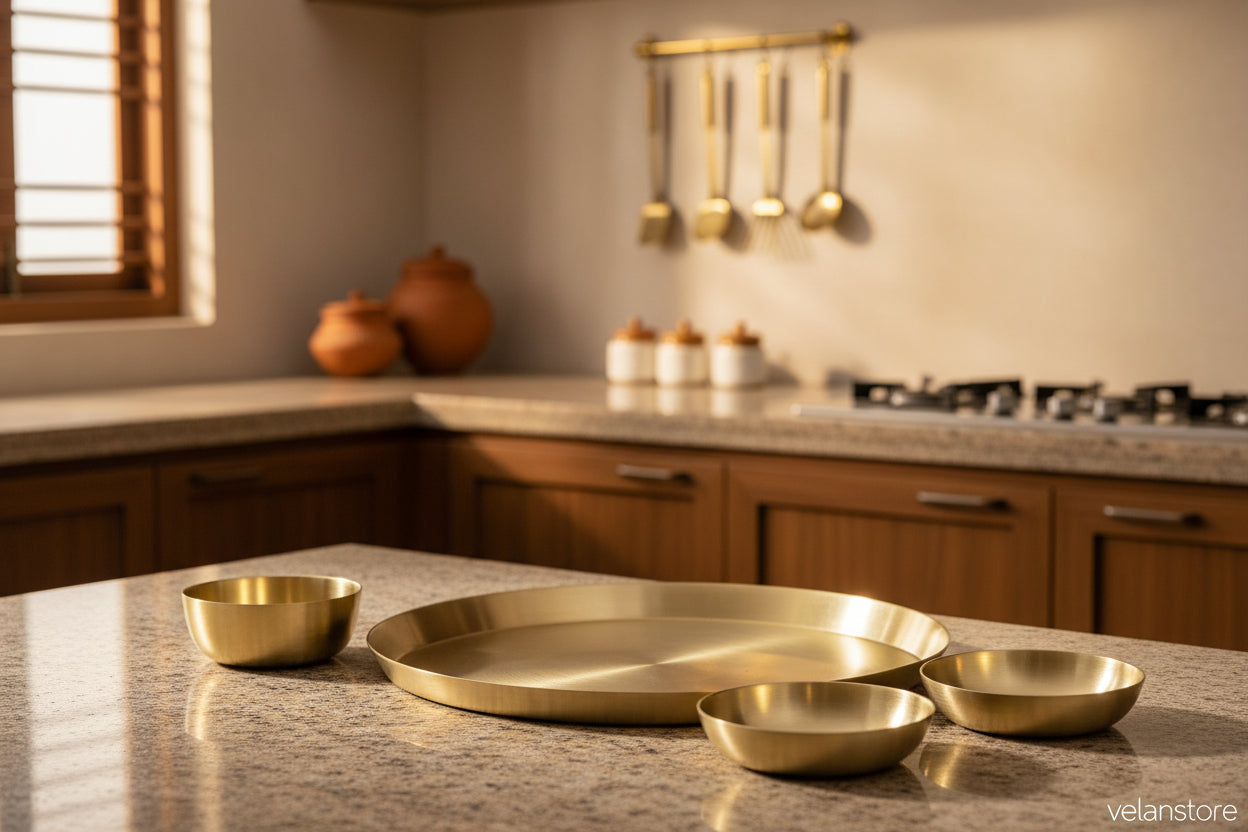 Matt Finish Bronze thali plate with 3 katories