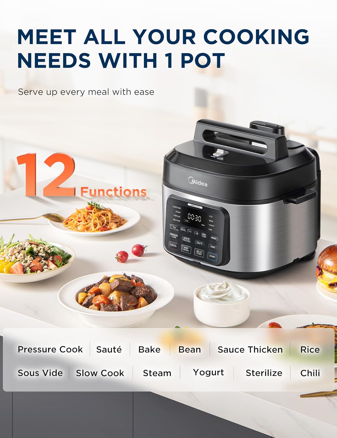 Midea WideMax Electric Pressure Cooker, 12 in 1, 6.5 L, 12 Preset, Multifunctional, Programmable Saver Pan, Rice Cooker, Steamer Pan, Springpan, Cake,