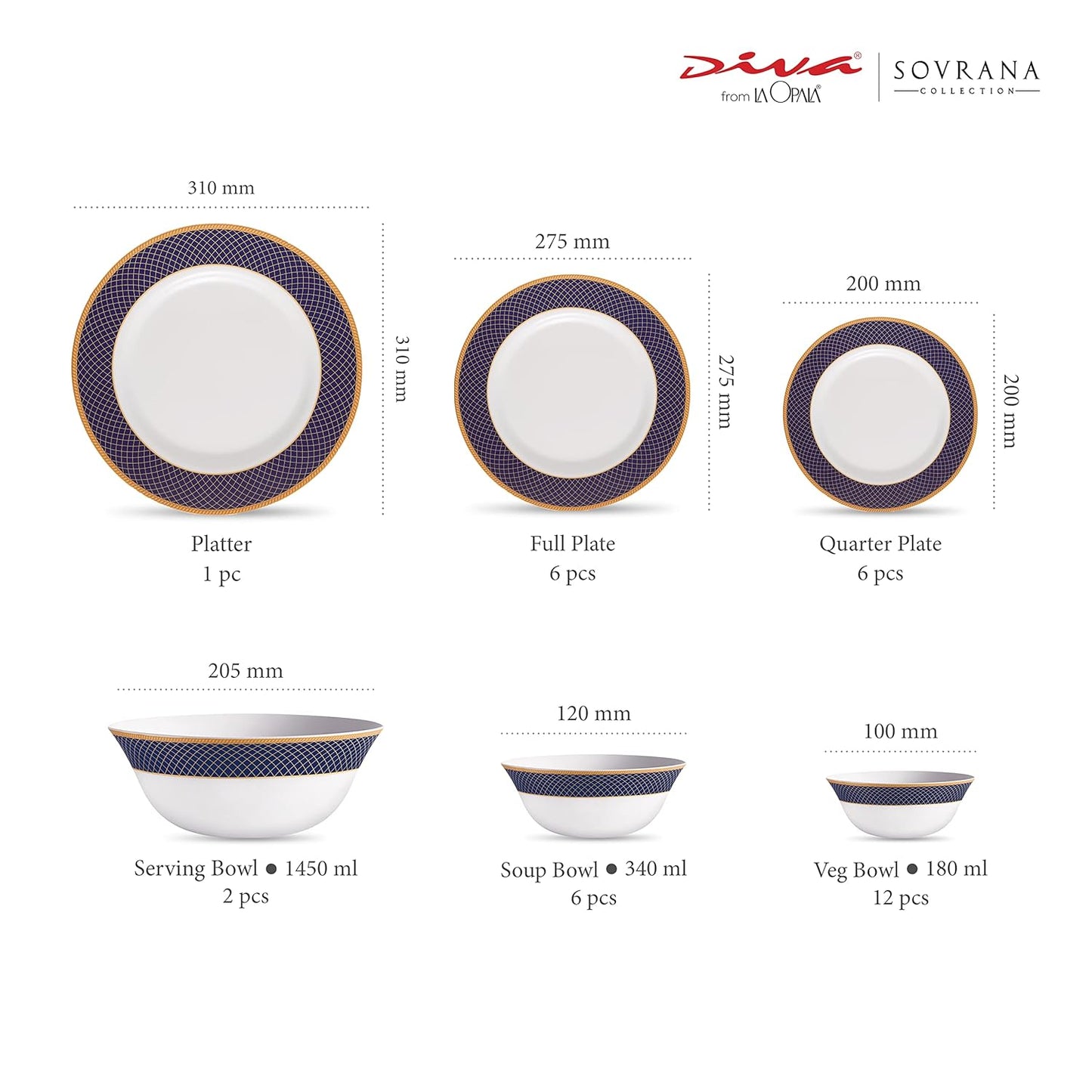 La Opala Diva Sovrana Collection Opal Glass Crockery | for Family of 6 | Dinner Set 33 pcs Regent Blue | Plates & Bowls for Dining | Microwave Safe | 100% Vegetarian | Extra Strong | Light & White