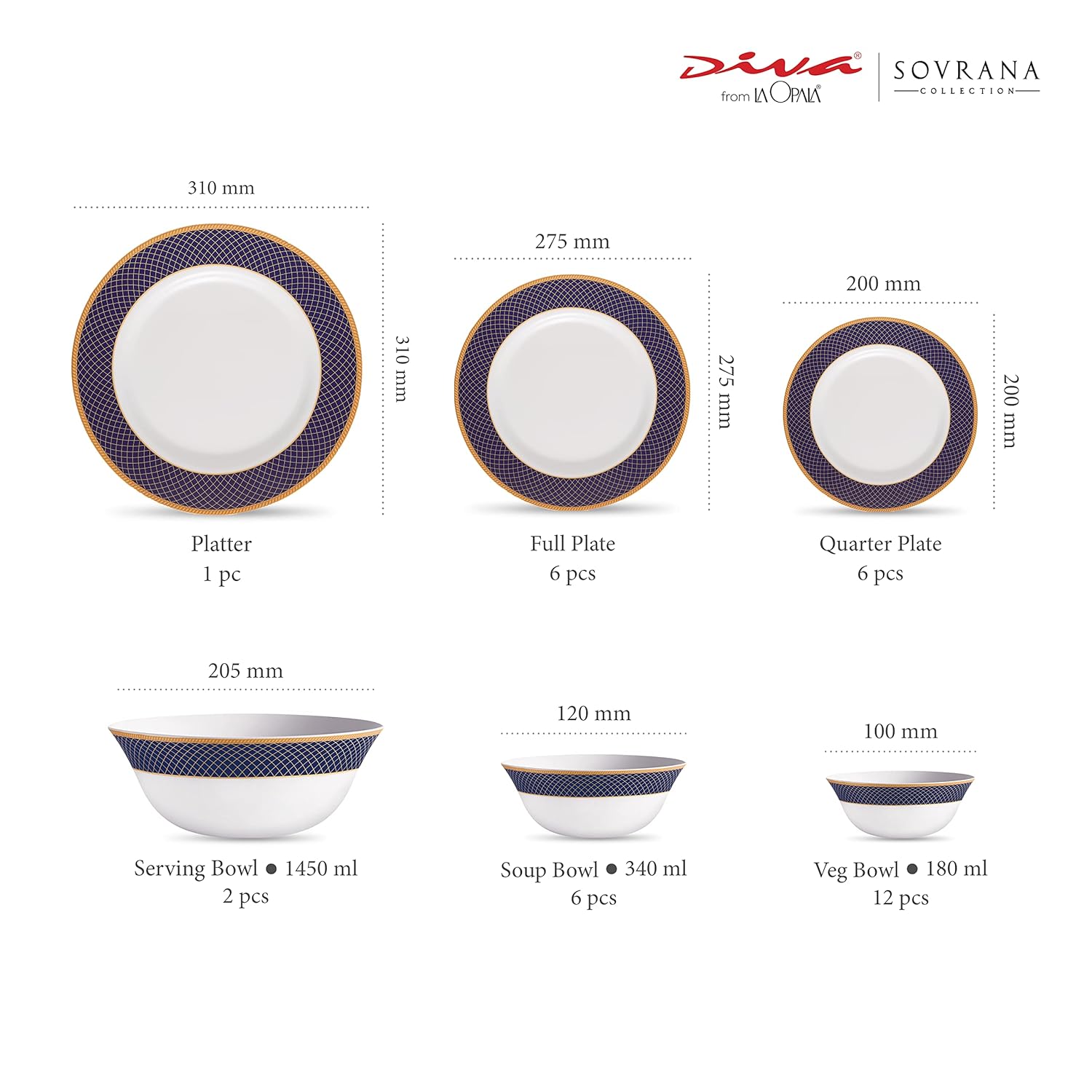 La Opala Diva Sovrana Collection Opal Glass Crockery | for Family of 6 | Dinner Set 33 pcs Regent Blue | Plates & Bowls for Dining | Microwave Safe | 100% Vegetarian | Extra Strong | Light & White