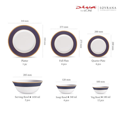 La Opala Diva Sovrana Collection Opal Glass Crockery | for Family of 6 | Dinner Set 33 pcs Regent Blue | Plates & Bowls for Dining | Microwave Safe | 100% Vegetarian | Extra Strong | Light & White