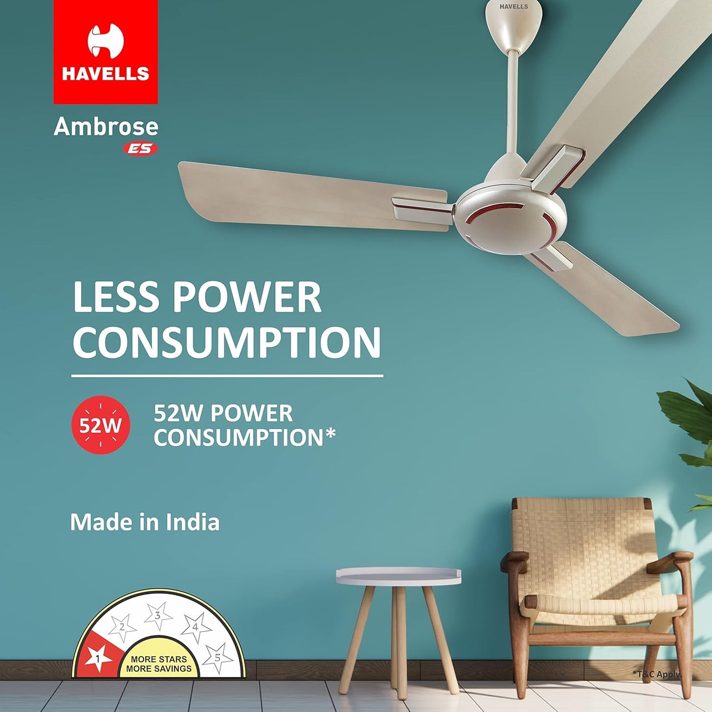 Havells 1200mm Ambrose ES Ceiling Fan|Premium Finish, Decorative Fan, Elegant Look, High Air Delivery, Energy Saving, 100% Pure Copper Motor|2 Year Warranty by Brand|(Pack of 1, Gold Mist Wood) 1 Star