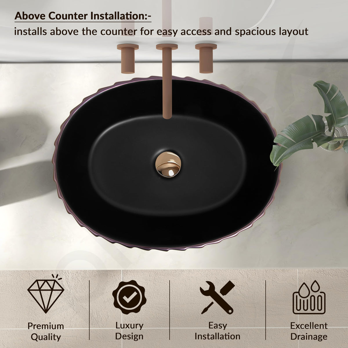 Plantex Designer Basin for Bathroom/Oval Table Top WashBasin/Countertop Hand Wash Basin/Vessel Sink for Restaurant/Hotel (19x15x5 Inch - Gold & Black)-5