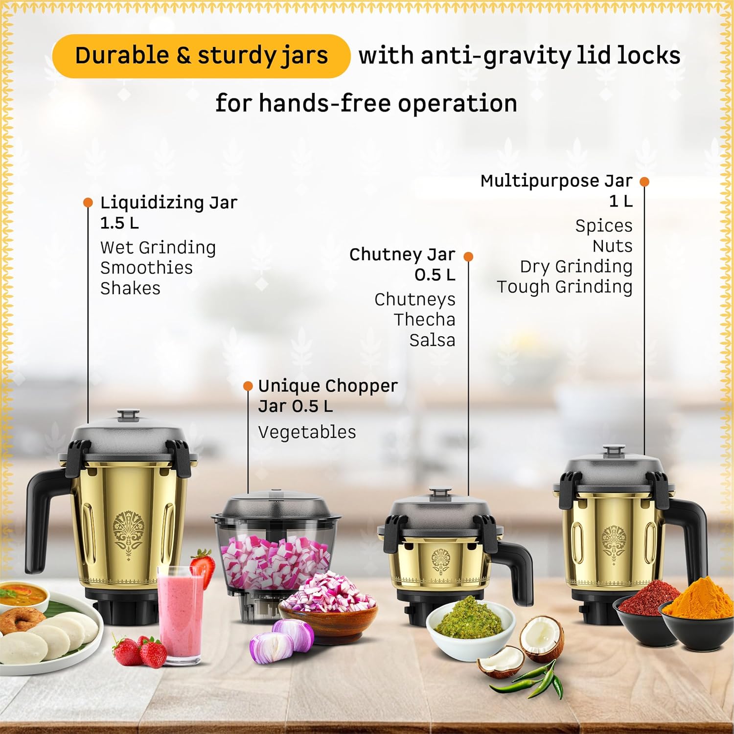 Atomberg Zenova Special Edition Mixer Grinder | Unique Coarse Mode for Silbatta-like Texture | BLDC Motor | Safety Features | 4 Jars including Chopper| Hands-Free Operation| Heritage Brass Pearl White