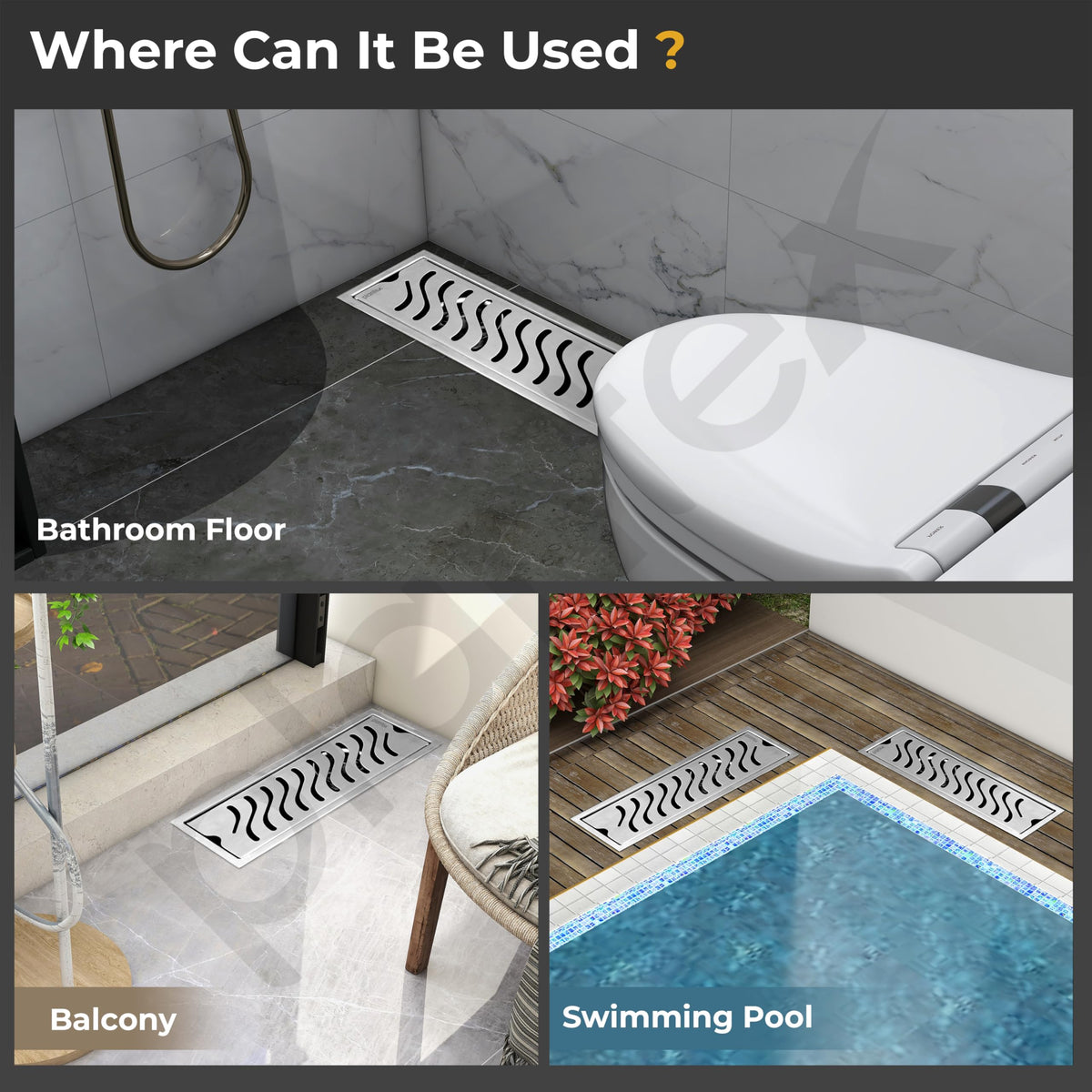 Plantex 304 Grade Stainless Steel Shower Water Drain Channel/12x4 Inch Floor Drain/Drainage Cover/Floor Drain Cover with Removable Grate - (Wave, Chrome)-6