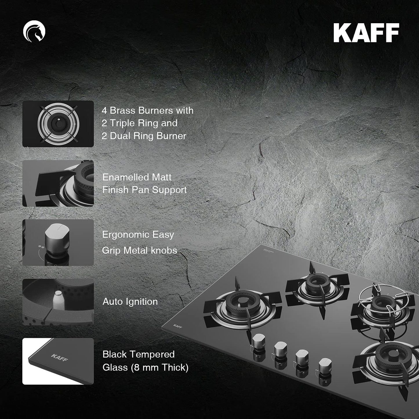 KAFF Built-in Hobs 4 Burners, Auto Electric Ignition Glass Top, 80 CM, Powerful Brass Burners, 8 MM Thick Toughened Glass, Enamelled Matt Grills (Black) | HBR 804