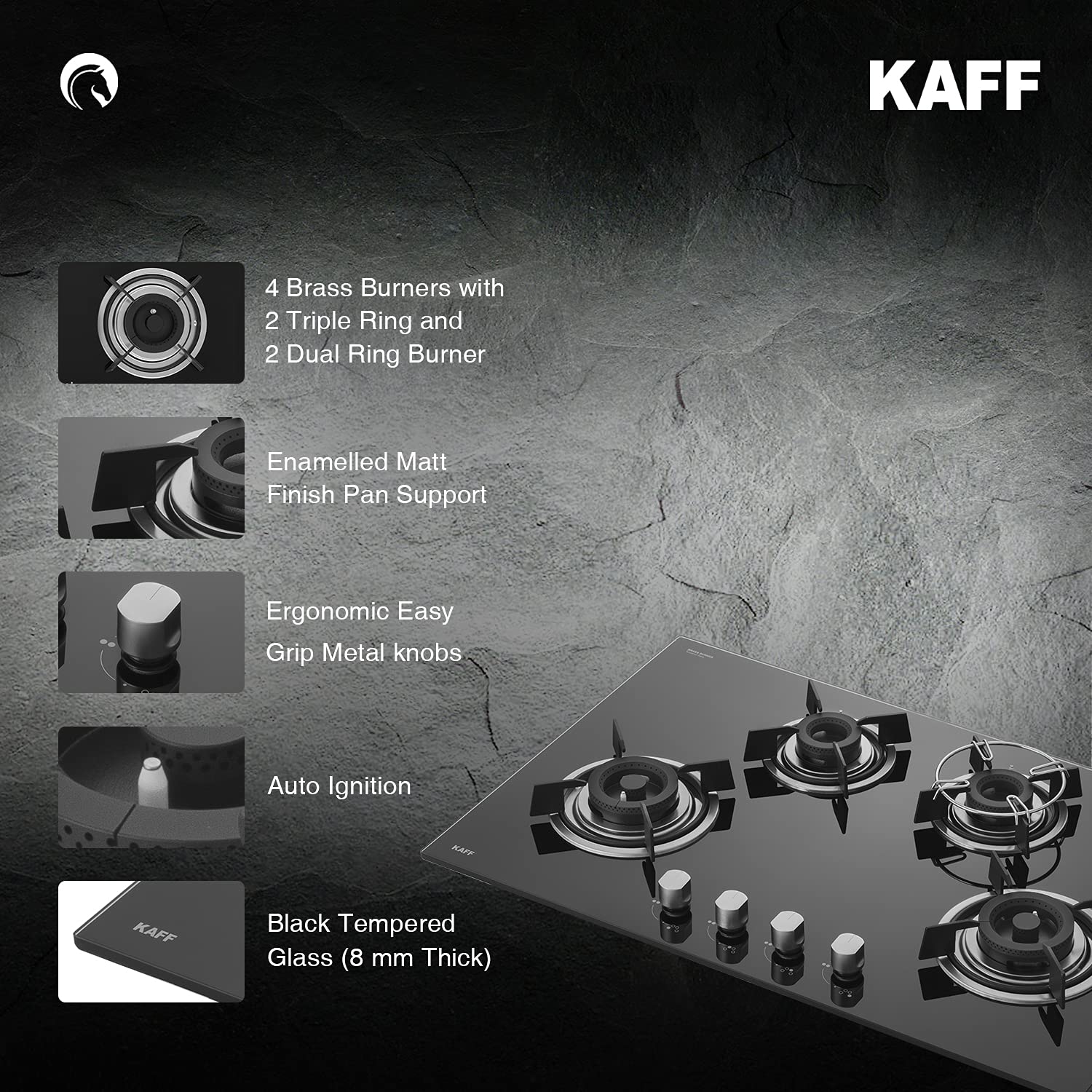 KAFF Built-in Hobs 4 Burners, Auto Electric Ignition Glass Top, 80 CM, Powerful Brass Burners, 8 MM Thick Toughened Glass, Enamelled Matt Grills (Black) | HBR 804