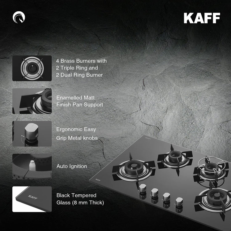 KAFF Built-in Hobs 4 Burners, Auto Electric Ignition Glass Top, 80 CM, Powerful Brass Burners, 8 MM Thick Toughened Glass, Enamelled Matt Grills (Black) | HBR 804