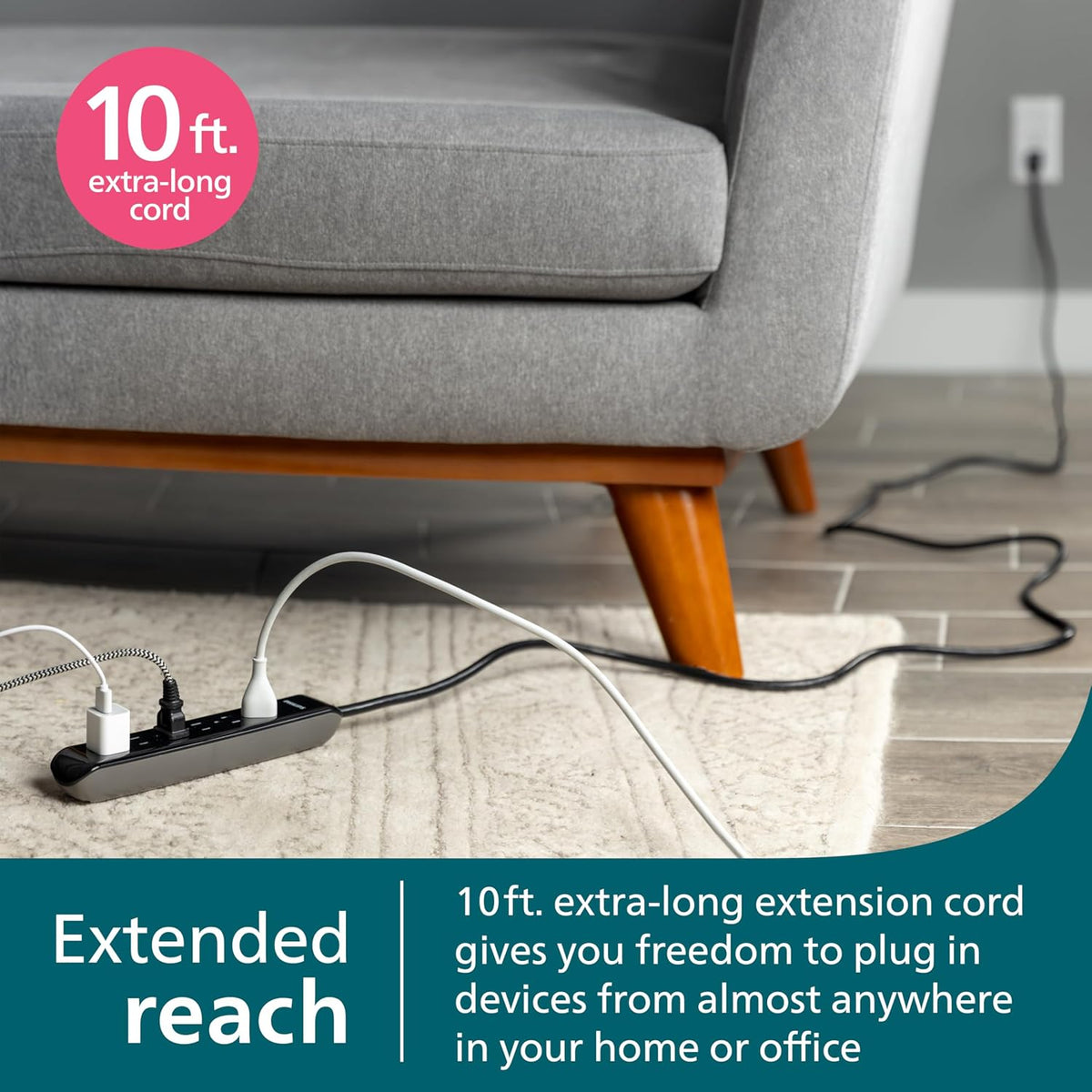Philips 6 Outlet Surge Protector, 10 ft Extension Cord, Strip 1080 Joules, Flat Plug, Wall Mounted (SPP6110BC/37)
