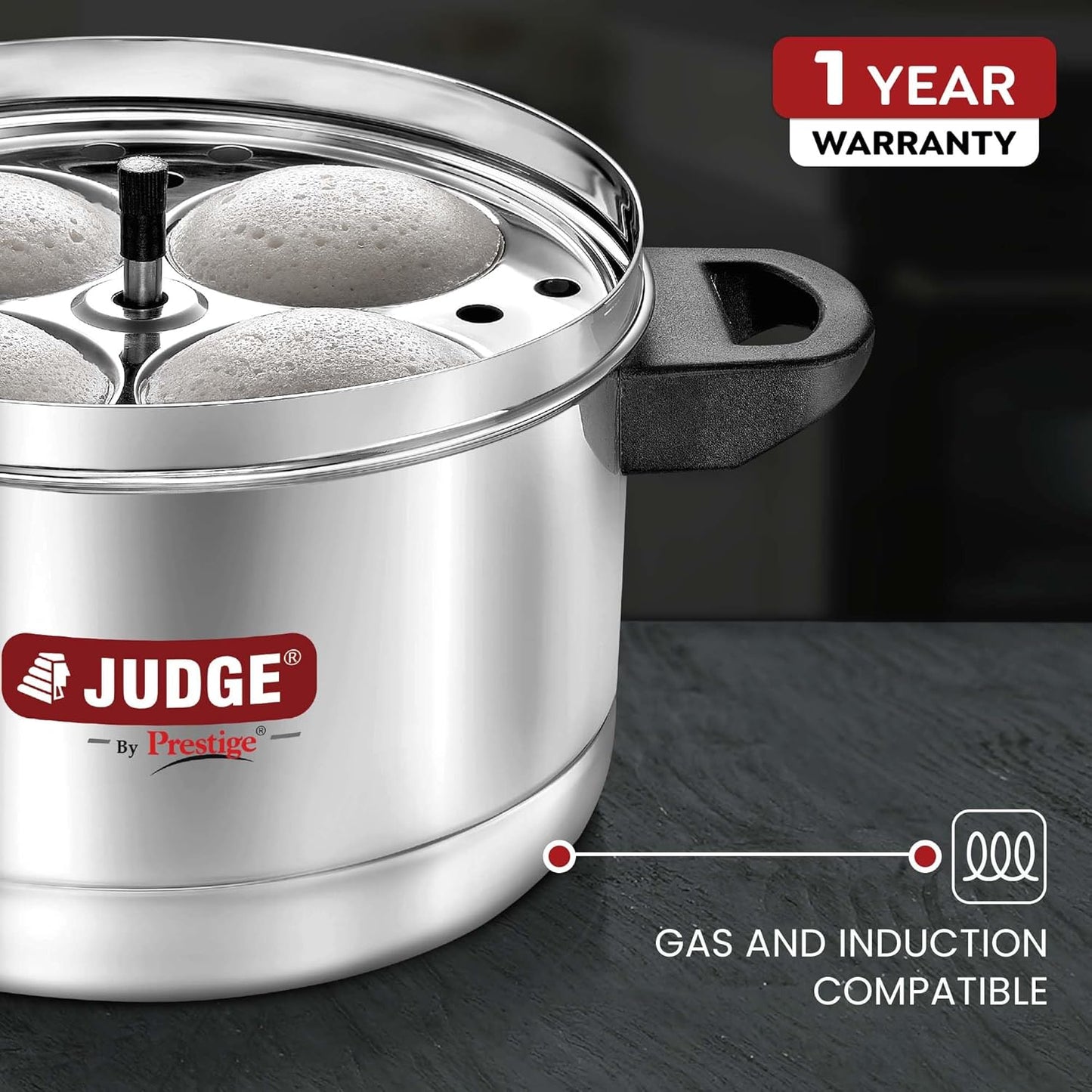 Judge by Prestige Stainless Steel Idli Cooker with 4 Plates, 1 Liters, 25 x 25 x 21 Centimeters, Silver