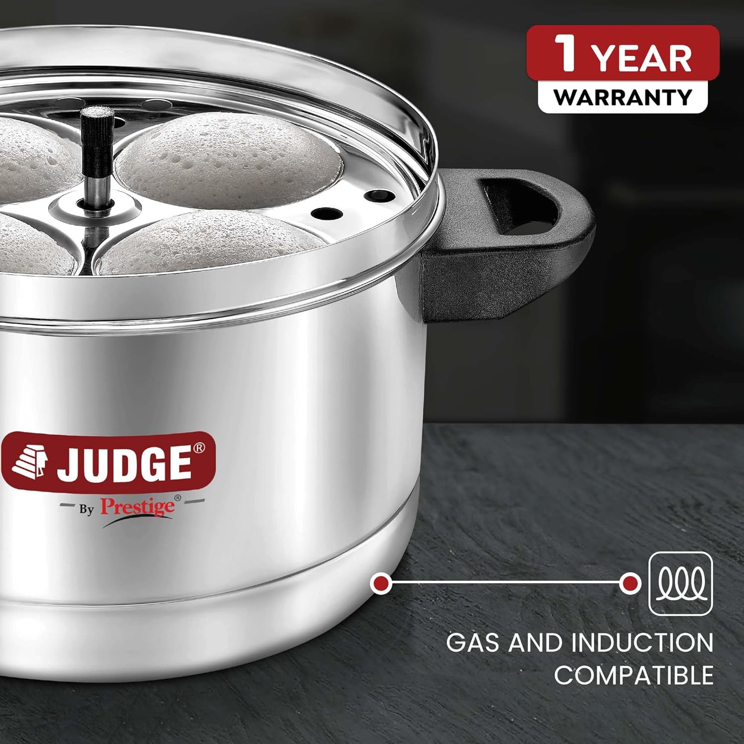 Judge by Prestige Stainless Steel Idli Cooker with 4 Plates, 1 Liters, 25 x 25 x 21 Centimeters, Silver