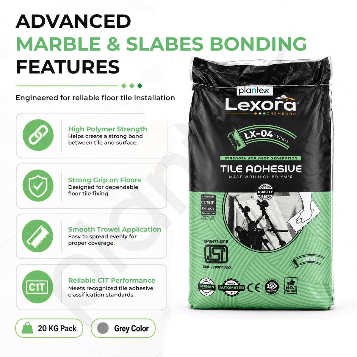 Plantex Lexora Tile Adhesive for Terracotta/Ceramic & Quarry Tiles/Polymer Modified Cement Adhesive for Floor & Wall Tiles Fixing/ Kitchen & Bathroom‚ Use - 20kg (LX-04, Grey)-5