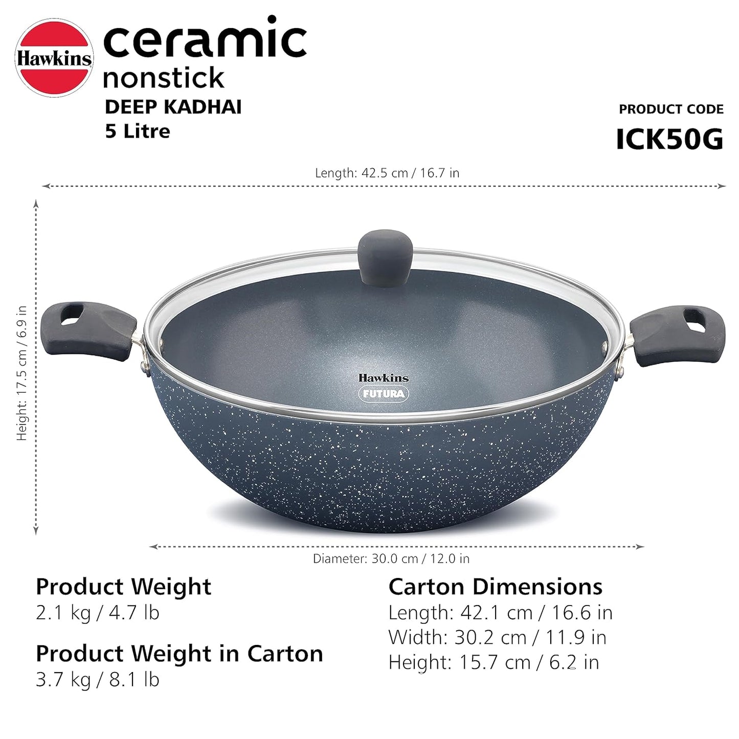 Hawkins Ceramic Nonstick 5 Litre Deep Kadhai, Induction Deep Fry Pan with Glass Lid, Granite Kadai (ICK50G)