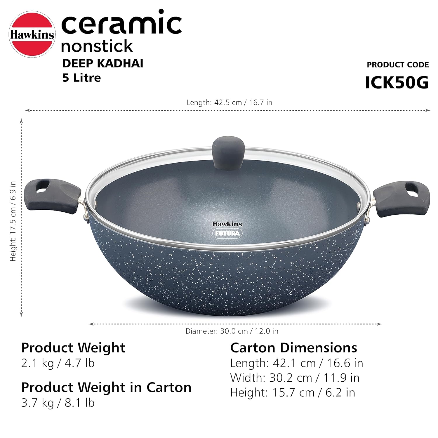 Hawkins Ceramic Nonstick 5 Litre Deep Kadhai, Induction Deep Fry Pan with Glass Lid, Granite Kadai (ICK50G)
