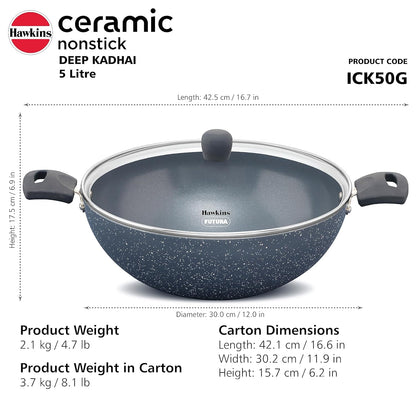 Hawkins Ceramic Nonstick 5 Litre Deep Kadhai, Induction Deep Fry Pan with Glass Lid, Granite Kadai (ICK50G)