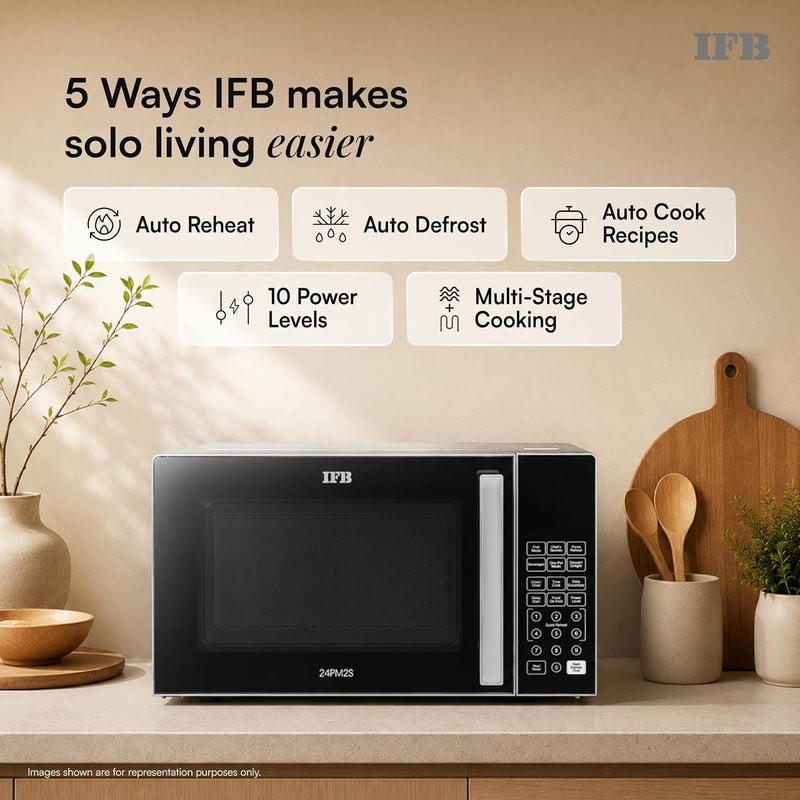 IFB 24L Solo Microwave Oven with 69 Auto Cook Menus (24PM2S, Silver, Mug Recipes, Steam Clean, Auto Reheat, Preset Timer