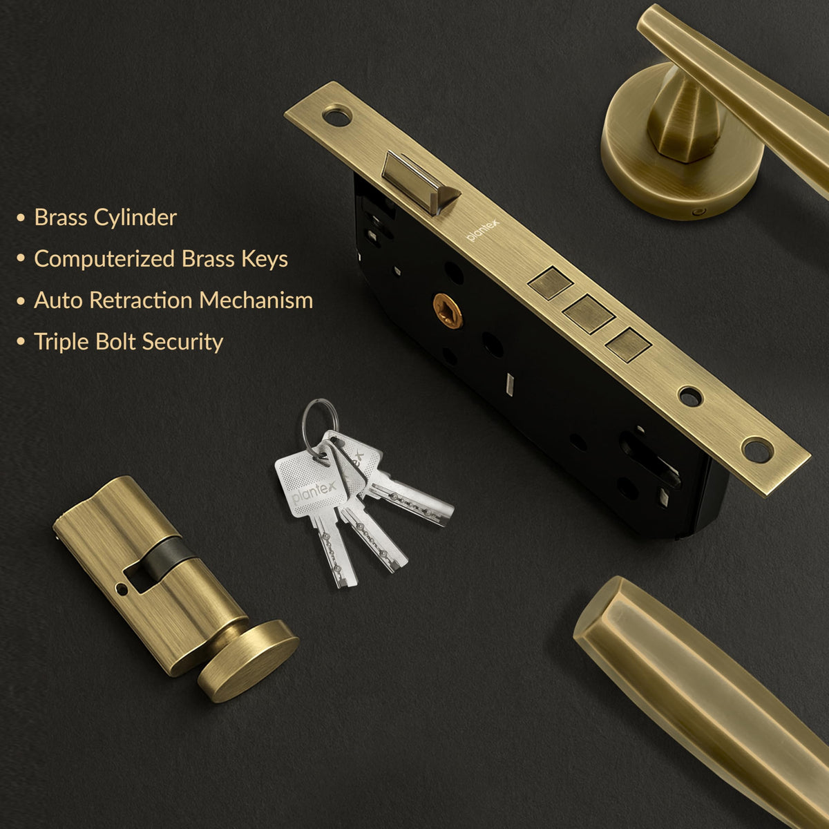 Plantex Main Door Lock Set/Door Lock for Home/Mortise Lock with Brass Lock Body & Cylinder (7135, Brass Antique)-4