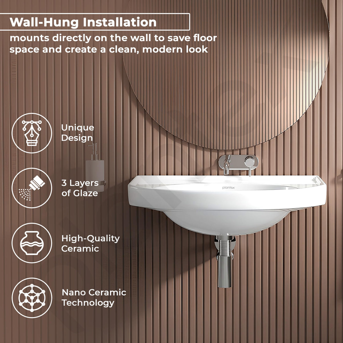 Plantex Ceramic Wallmount Basin for Bathroom/Wall Hung Wash Basin with 10 Years Glaze Warranty by Plantex/Small Basin/Sink for Bathroom (White - 18 X 12 X 8 Inch)-2