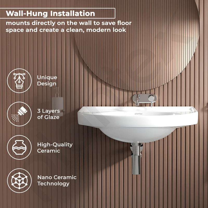 Plantex Ceramic Wallmount Basin for Bathroom/Wall Hung Wash Basin with 10 Years Glaze Warranty by Plantex/Small Basin/Sink for Bathroom (White - 18 X 12 X 8 Inch)-2