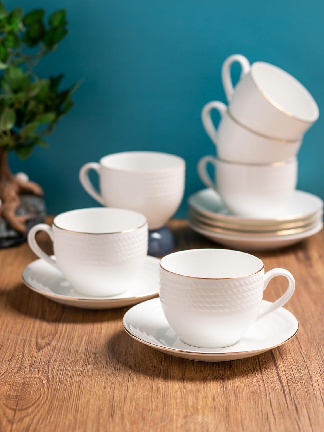 Clay Craft Fine Ceramic Gold Line Printed Tea/Coffee Cup and Saucer Set of 12 (6 Cups + 6 Saucers) - 240 ml Each