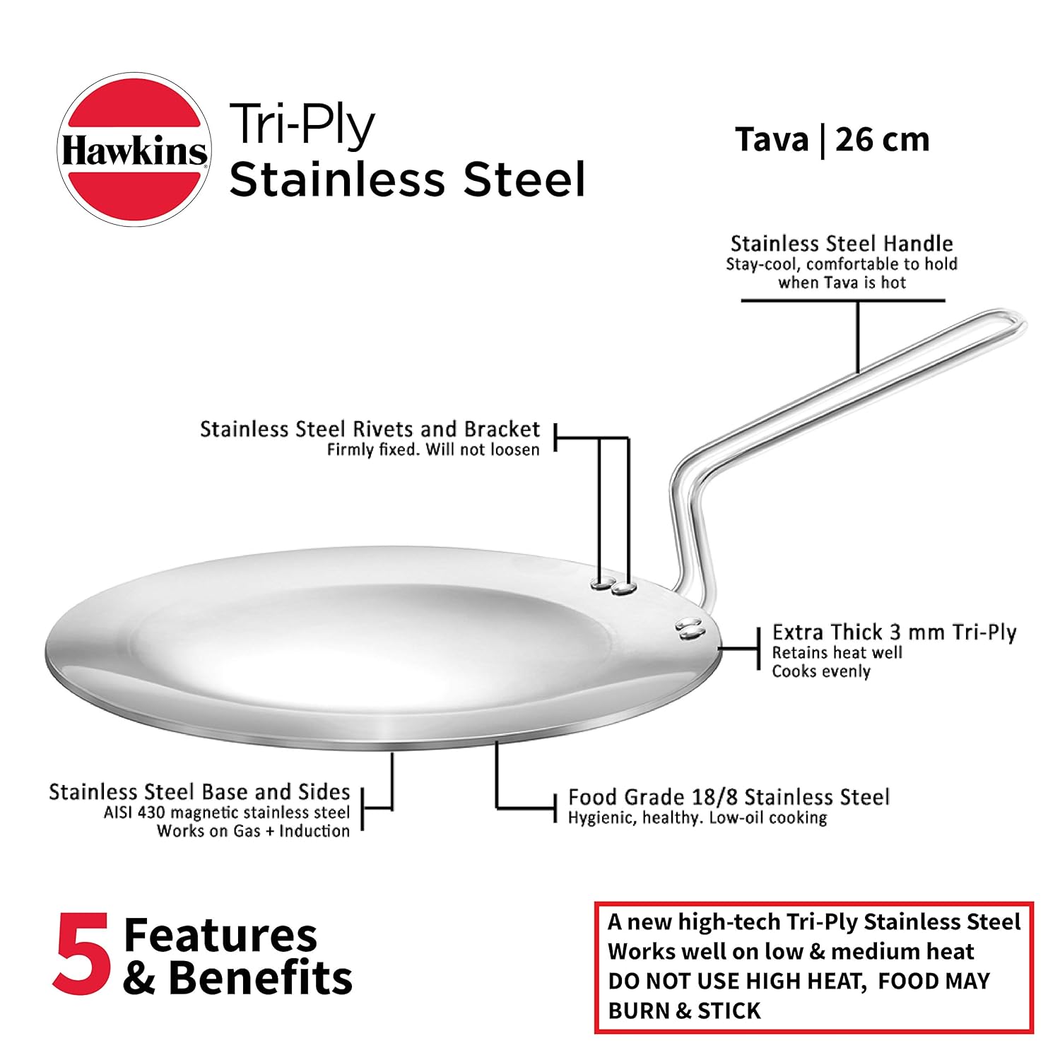 Hawkins Tri-Ply Stainless Steel Tava 26 cm, 3.5mm Induction Compatible