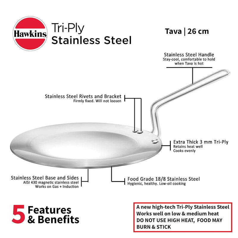 Hawkins Tri-Ply Stainless Steel Tava 26 cm, 3.5mm Induction Compatible