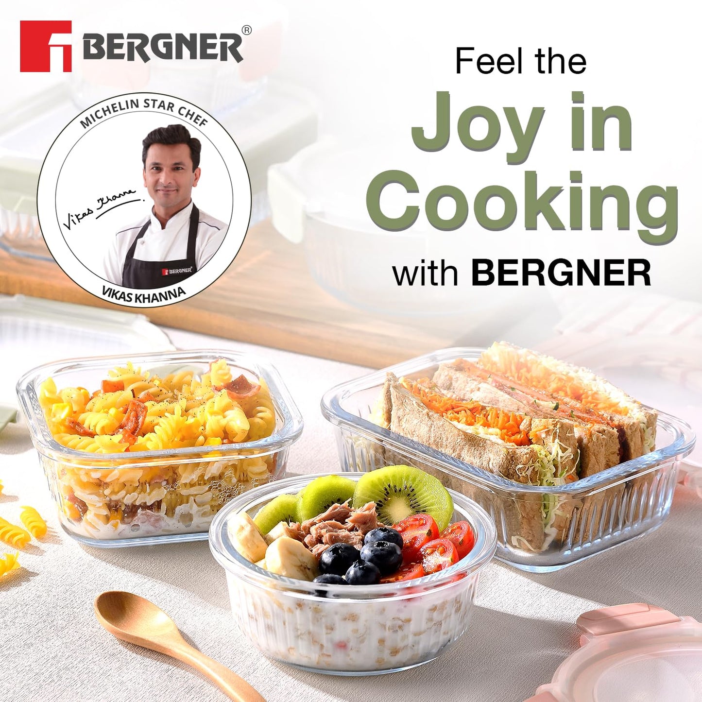 Bergner Smart Lock Borosilicate Rectangular 1.5 L Food Container for Kitchen/Tiffin, Air-Tight Lid with Locking Tabs, Space Saving, Stackable, Microwave & Oven Safe, Food Safe, Dishwasher Safe - Green