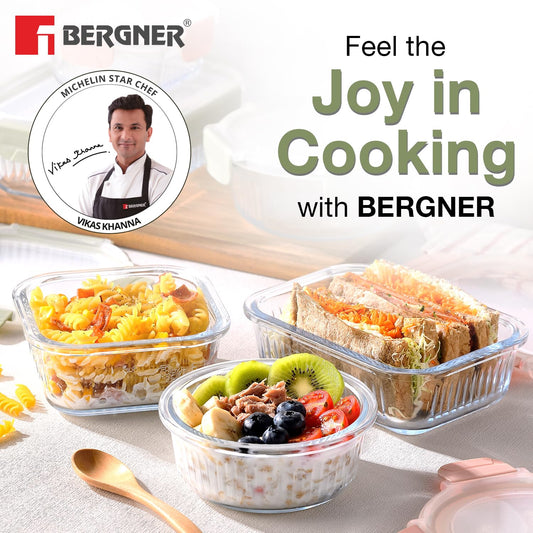 Bergner Smart Lock Borosilicate Rectangular 1.5 L Food Container for Kitchen/Tiffin, Air-Tight Lid with Locking Tabs, Space Saving, Stackable, Microwave & Oven Safe, Food Safe, Dishwasher Safe - Green