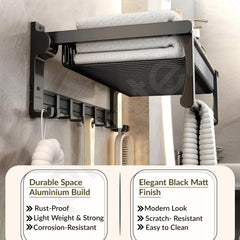 Plantex Aluminum Folding Towel Holder Rack for Bathroom, Rod with Hooks and Accessories, Black, 24 inches-3