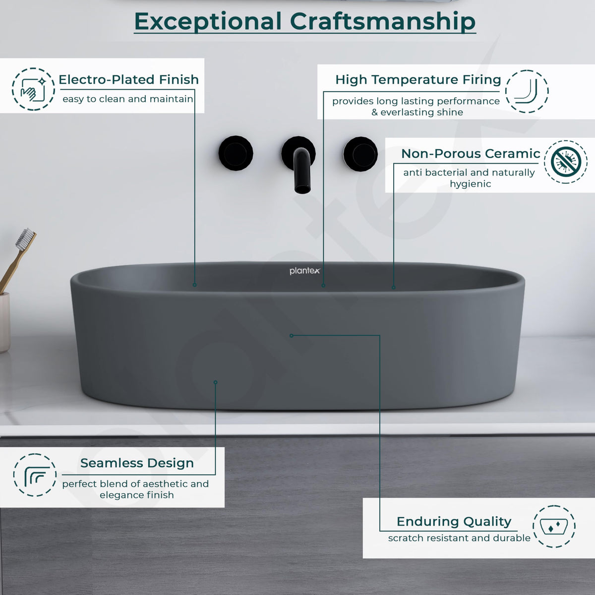 Plantex Ceramic Wash Basin for Bathroom/Oval Table Top Basin/Countertop Vessel Sink for Home/Hotel (22 x 14 x 6 inch - Cloud Grey)-2