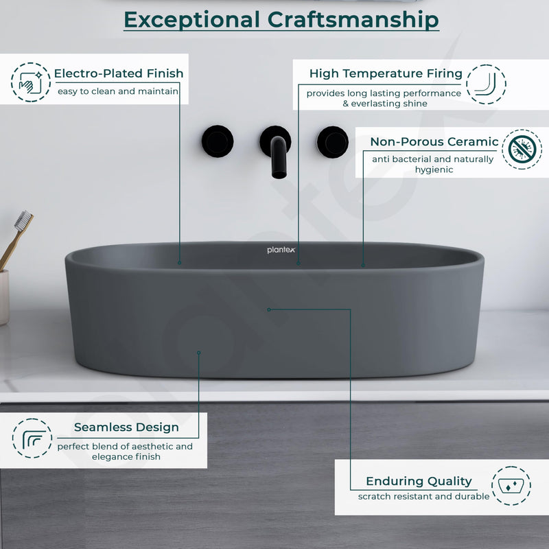 Plantex Ceramic Wash Basin for Bathroom/Oval Table Top Basin/Countertop Vessel Sink for Home/Hotel (22 x 14 x 6 inch - Cloud Grey)-2