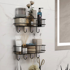 Plantex Multipurpose Bathroom Organiser Without Drill/GI Steel Self-Adhesive Shelf/Wall Mounted Shelf for Bathroom with Hooks- Pack of 2 (Black,Powder Coated)-3