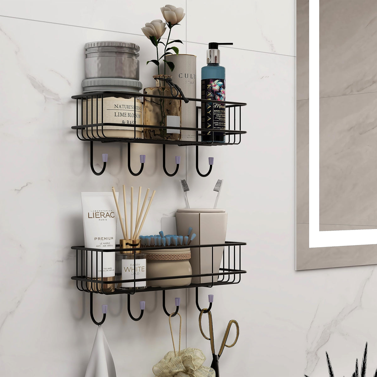Plantex Multipurpose Bathroom Organiser Without Drill/GI Steel Self-Adhesive Shelf/Wall Mounted Shelf for Bathroom with Hooks- Pack of 2 (Black,Powder Coated)-3