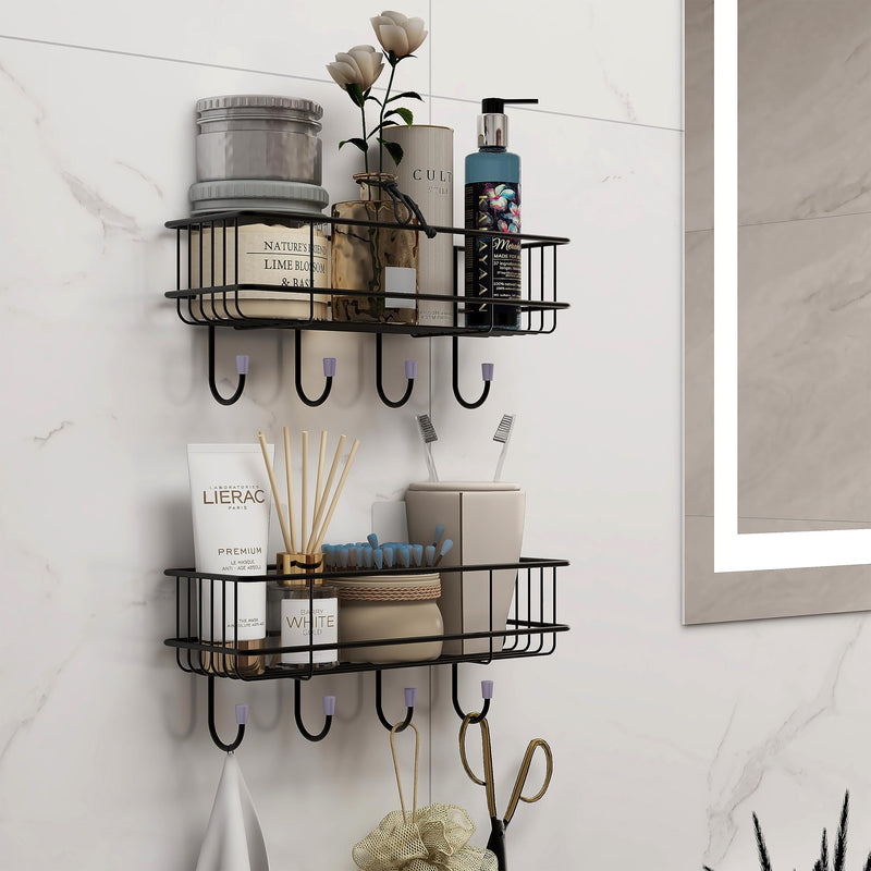 Plantex Multipurpose Bathroom Organiser Without Drill/GI Steel Self-Adhesive Shelf/Wall Mounted Shelf for Bathroom with Hooks- Pack of 2 (Black,Powder Coated)-3