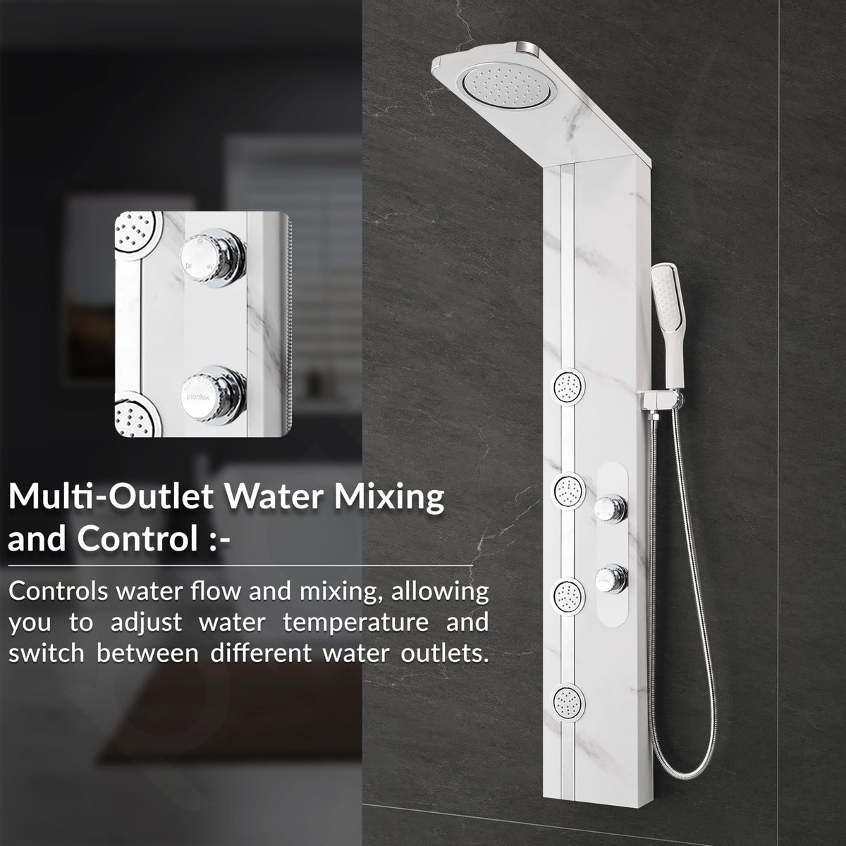 Plantex SS-304 Marble Textured Shower Panel for Bathroom with Showerhead/Hand Shower with Hose Pipe & Clamp/Body Massage Jets/Bathroom Shower System -(KM-8099)-6