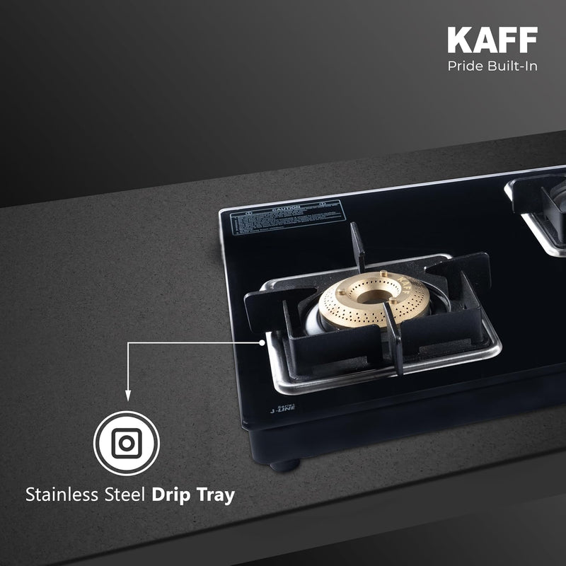 Kaff 77cm 3 Burner Glass Gas Stove | High Efficiency Brass Burners | 8mm Black Toughened Glass | Cast Iron Pan Support |