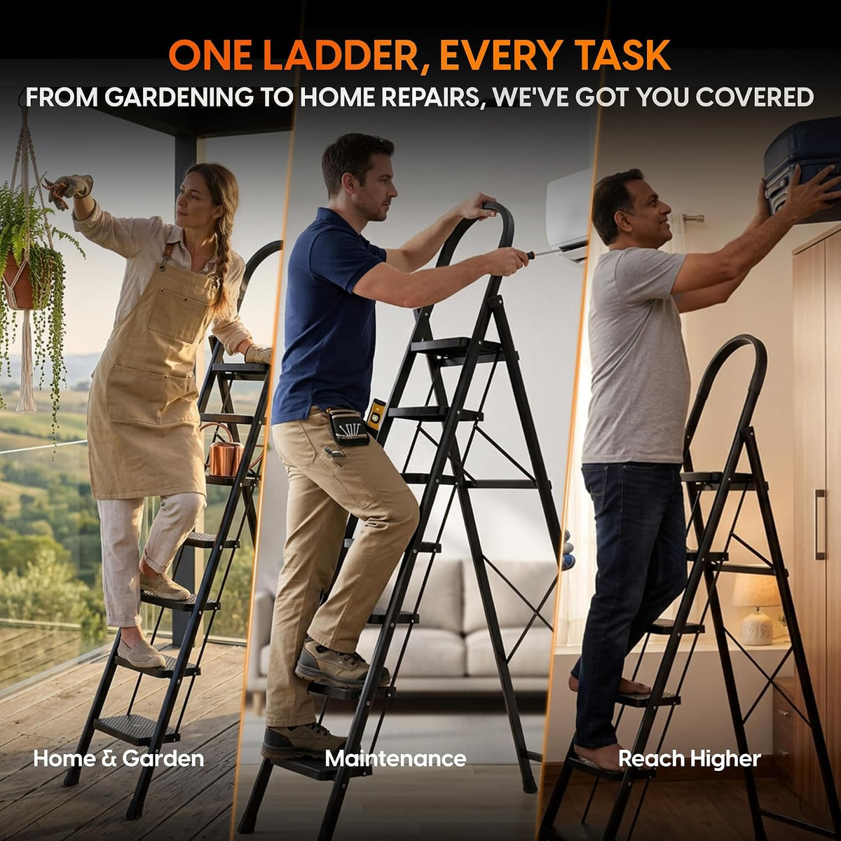 HOUZA Steel Ladder for Home 7 Steps Foldable with Anti-Skid Wide Steps (30cm x 20cm) | 7 Step Ladder for Home Use with D-Shape Rods | Secure Lock | 150 Kg Capacity Folding Ladder | 5 Year Warranty