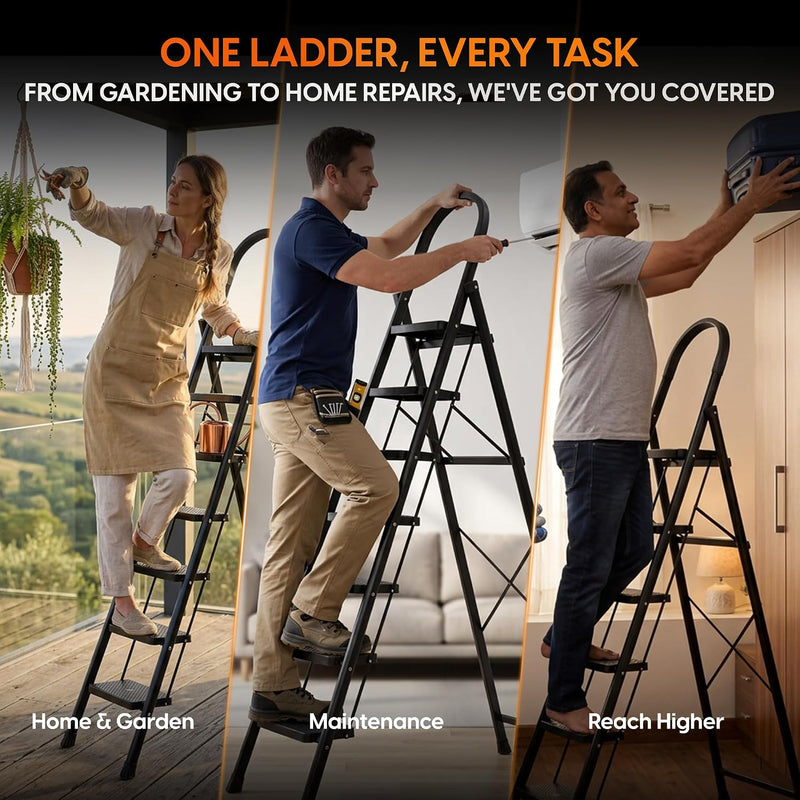 HOUZA Steel Ladder for Home 7 Steps Foldable with Anti-Skid Wide Steps (30cm x 20cm) | 7 Step Ladder for Home Use with D-Shape Rods | Secure Lock | 150 Kg Capacity Folding Ladder | 5 Year Warranty