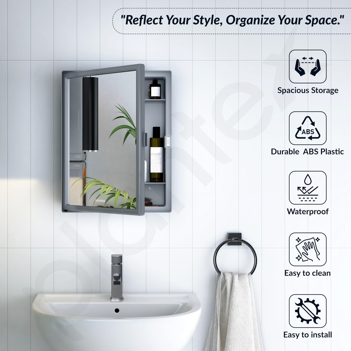 Plantex Bathroom Cabinet with Mirror/ABS Bathroom Storage Cabinet/Wall Mounted Bathroom Cabinet/Mirror with Storage for Bathroom(14x18 Inch, Grey)-2