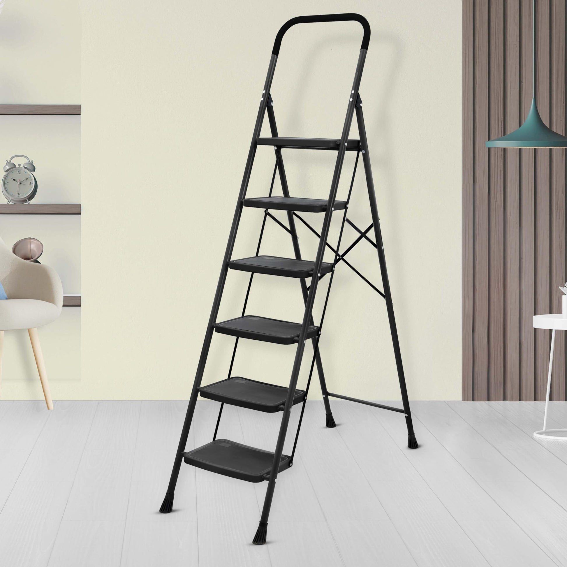 Plantex Alloy Steel 6 Step Ladder For Home/Foldable Strong Wide Step Ladder/Anti- Skid 6 Step Ladder - (White & Black)