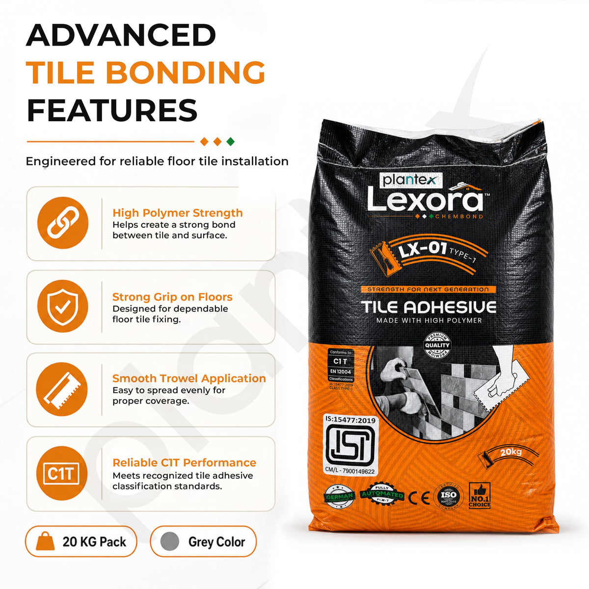 Plantex Lexora Tile Adhesive for Terracotta/Ceramic & Quarry Tiles/Polymer Modified Cement Adhesive for Floor & Wall Tiles Fixing/ Kitchen & Bathroom‚ Use - 20kg (LX-01, Grey)-5