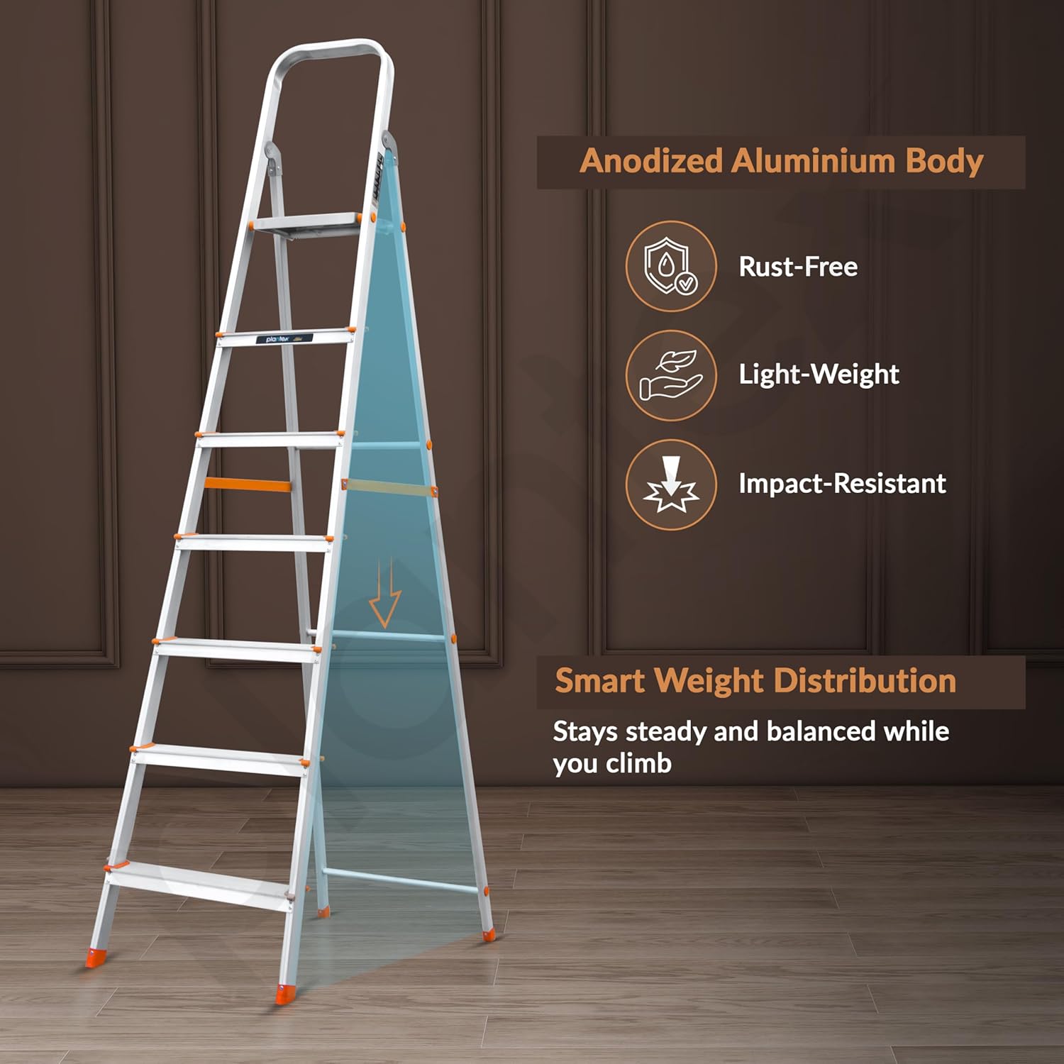 Plantex Legend Aluminium Folding 7 Step Ladder for Home - 7 Step Anti Skid Ladder/Wide Step Ladder (Orange-Chrome)