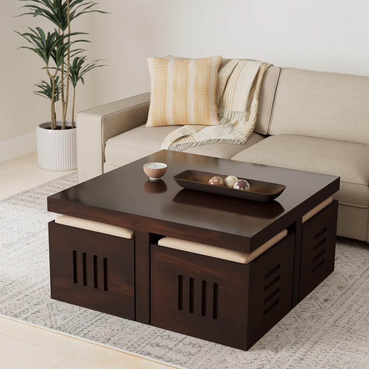 Solid Sheesham Coffee Table 4 Seater with Four Stool for Living Room Center Coffee Table for Bedroom,Cafe, Home