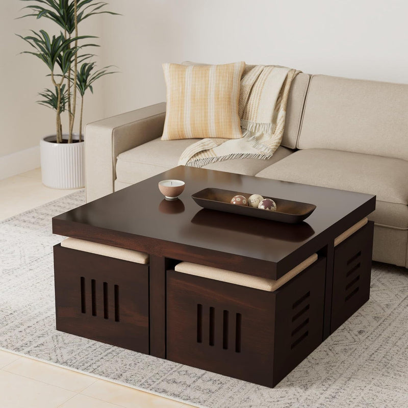 Solid Sheesham Coffee Table 4 Seater with Four Stool for Living Room Center Coffee Table for Bedroom,Cafe, Home