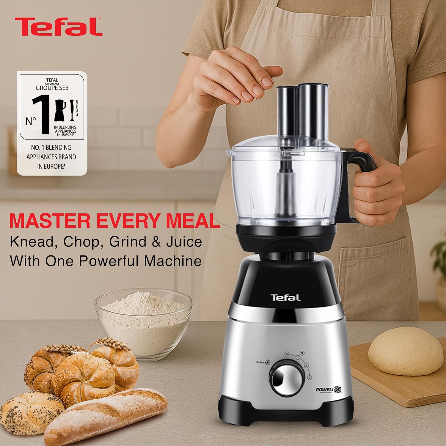 Tefal Chef Assist 800W Mixer Grinder,Juicer Jar & Food Processor |Dough Maker 15-in-1 Versatile Appliance| Powerful 800W Motor | 4 Jars and 7 blades| Europe’s No.1 Blending Brand | 3-Year Warranty