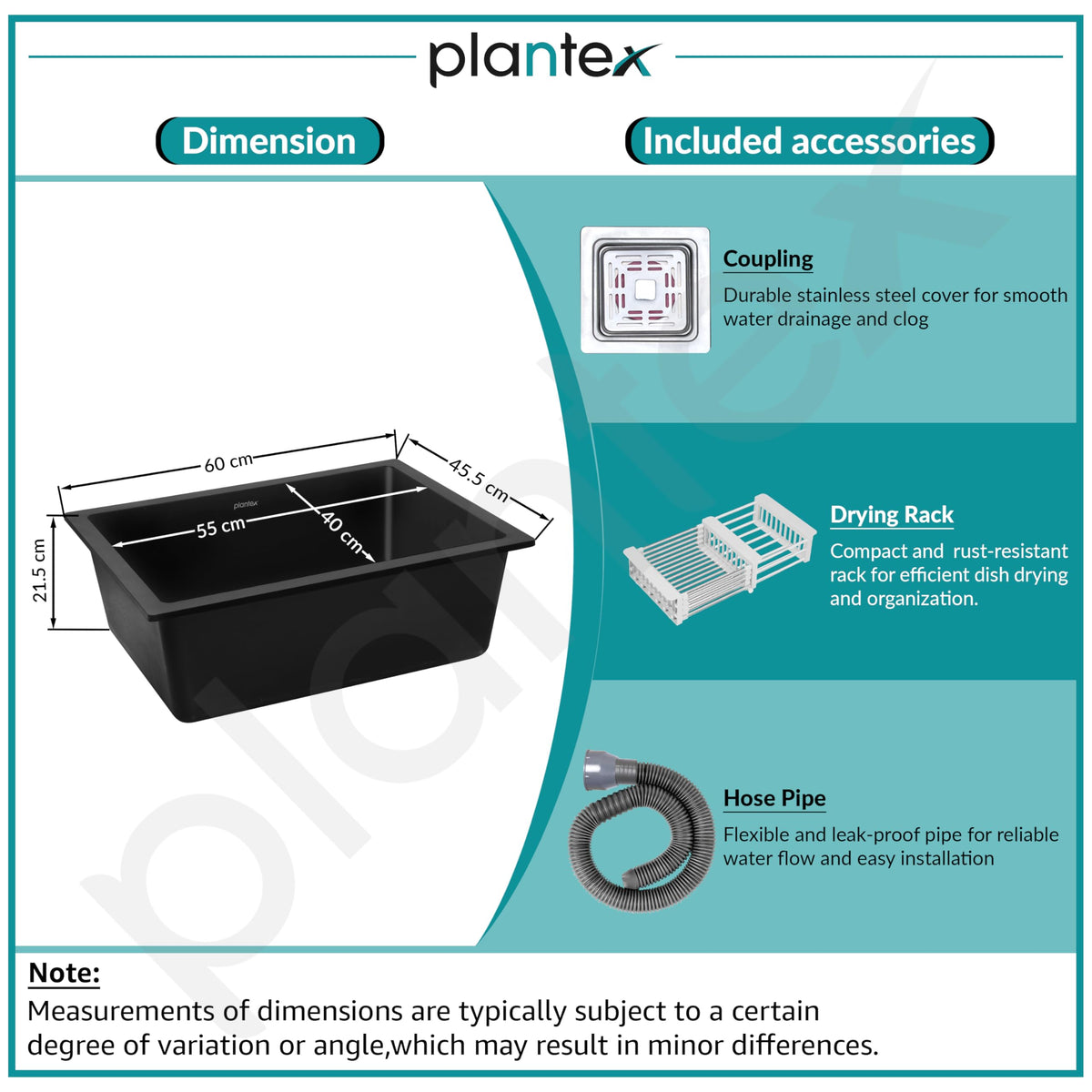 Plantex Quartz Sink for Kitchen/UV Protected Black Kitchen Sink/Granite Single Bowl Sinks/Undermount/Topmount (Black-24x18 Inches)-5
