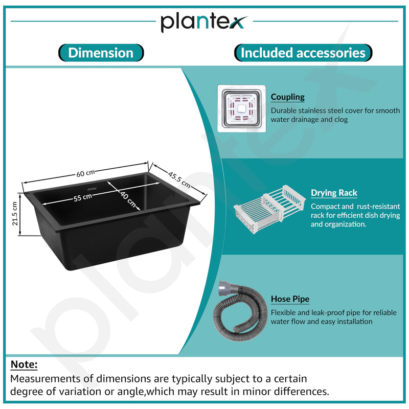 Plantex Quartz Sink for Kitchen/UV Protected Black Kitchen Sink/Granite Single Bowl Sinks/Undermount/Topmount (Black-24x18 Inches)-5
