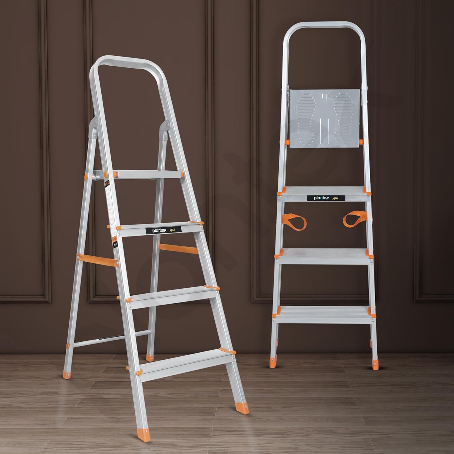 Plantex Legend 4 Step Ladder for Home/Anti-Slip Steps/Easy to Fold Aluminium Ladder/Capacity Upto 150 kg (Orange-Chrome)
