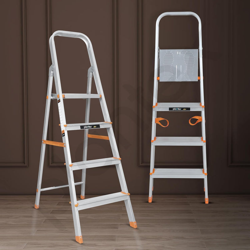 Plantex Legend 4 Step Ladder for Home/Anti-Slip Steps/Easy to Fold Aluminium Ladder/Capacity Upto 150 kg (Orange-Chrome)